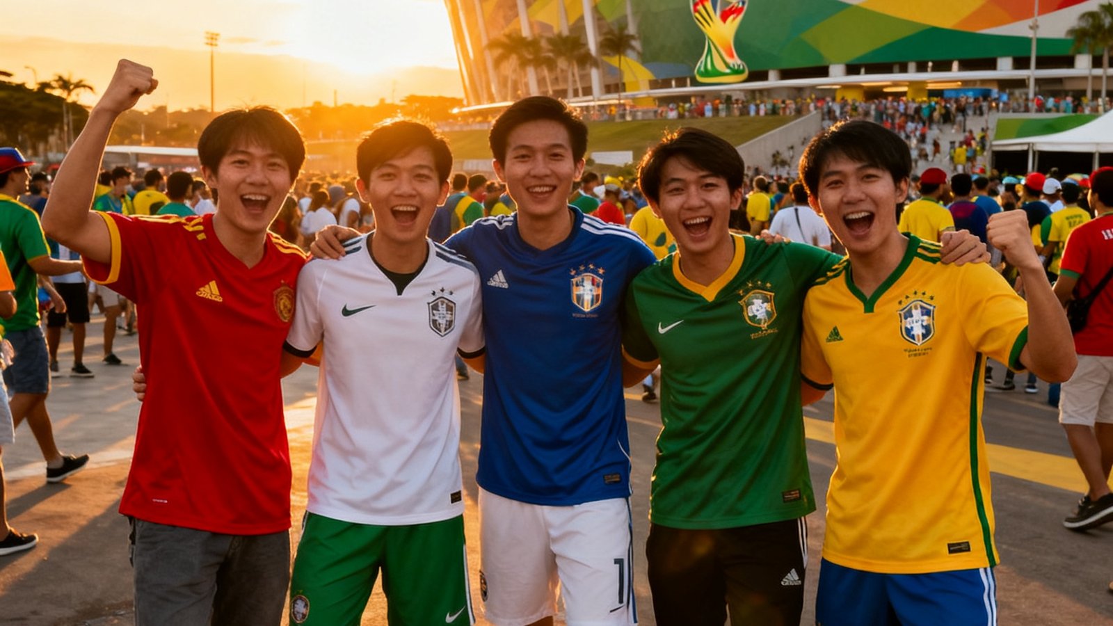 世界杯论坛五位创始团队成员在2014年巴西世界杯马拉卡纳球场外合影，五人穿着各自支持的国家队球衣，背景是夕阳下的球场巨型外墙和来自世界各地的球迷人群，画面充满激情与青春气息。